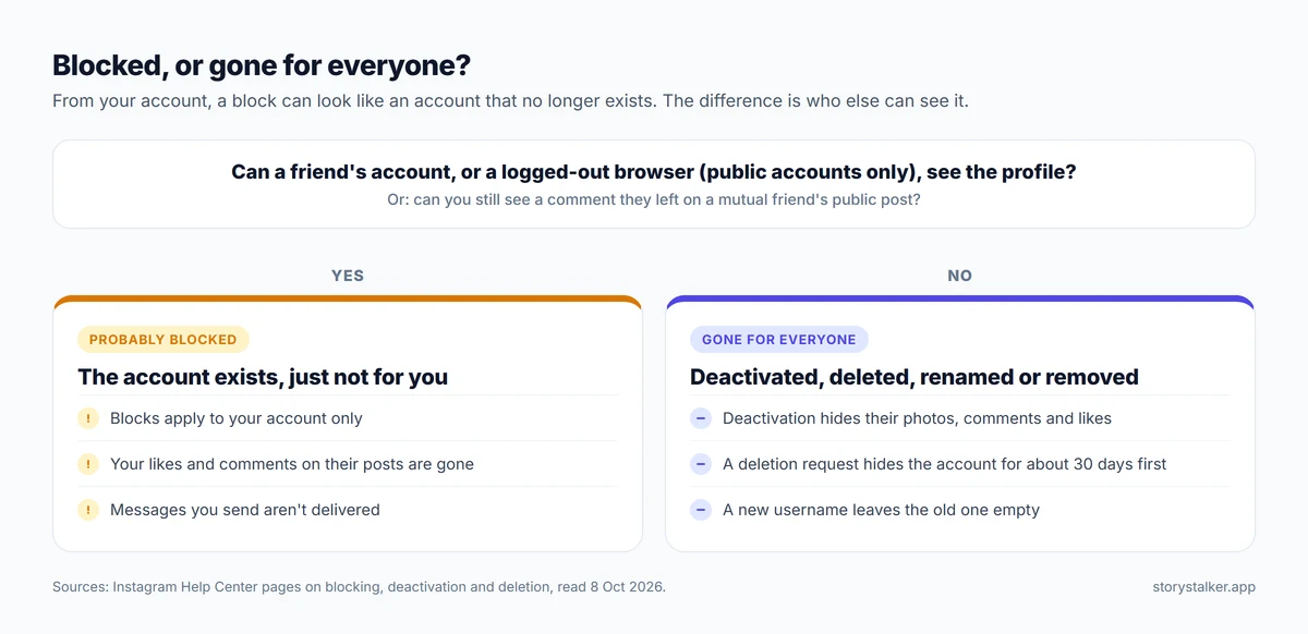 Decision chart: if the profile is visible from another account or a logged-out browser but not yours, you are blocked; if it is missing everywhere, the account was deactivated, deleted, renamed or removed