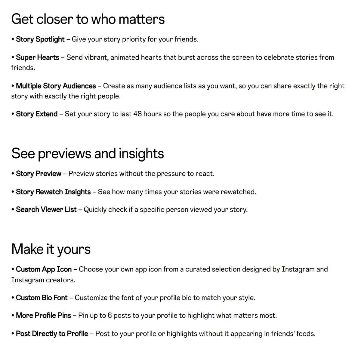 Instagram's announcement listing the Instagram Plus features under three headings: Get closer to who matters, See previews and insights, and Make it yours