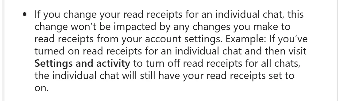 Instagram Help Center: “If you change your read receipts for an individual chat, this change won't be impacted by any changes you make to read receipts from your account settings.”