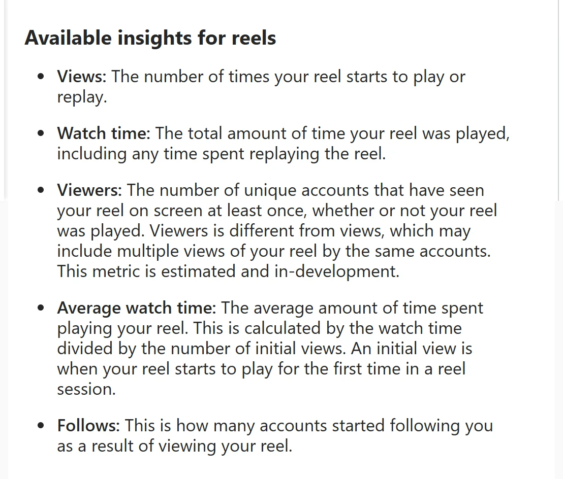 Instagram Help Center, “View insights on your Instagram reels”: Views is the number of times your reel starts to play or replay, and Viewers is the number of unique accounts that have seen it on screen at least once