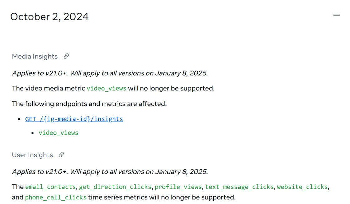 Meta for Developers changelog entry dated October 2, 2024: the email_contacts, get_direction_clicks, profile_views, text_message_clicks, website_clicks and phone_call_clicks time series metrics will no longer be supported