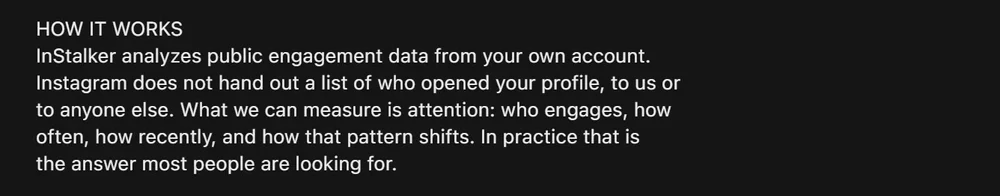 “How it works” section of the InStalker Visitors Tracker IG App Store listing: “Instagram does not hand out a list of who opened your profile, to us or to anyone else.”