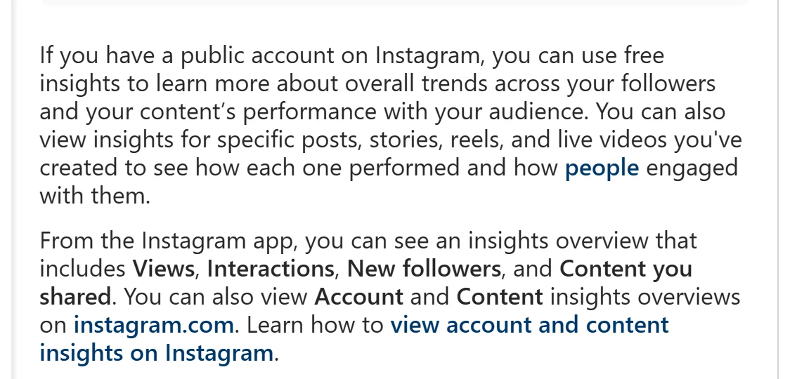 Instagram Help Center, “About Instagram insights”: Insights are described as free for any public account, with an overview of Views, Interactions, New followers and Content you shared