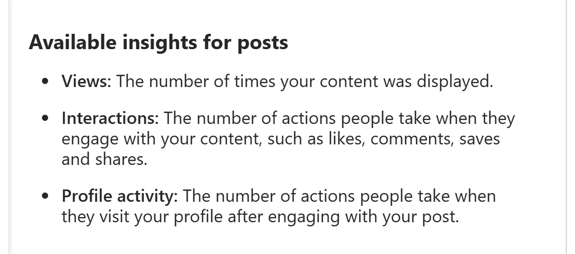 Instagram Help Center, “Available insights for posts”: Views, Interactions, and Profile activity — “the number of actions people take when they visit your profile after engaging with your post.”